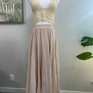 Cream Boho Flowy Maxi Skirt Elastic Waist Cottagecore Neutral